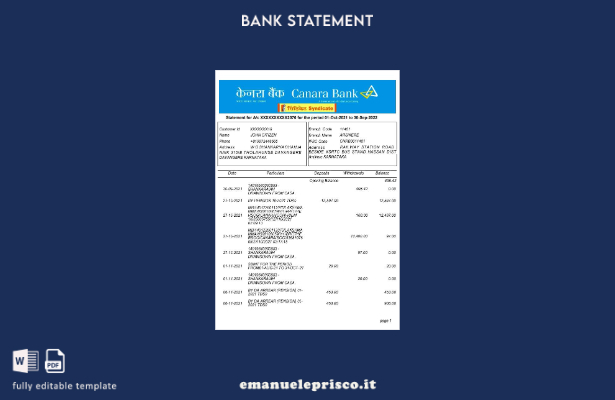 modello di versione word dell'estratto conto bancario India Canara in stile veri